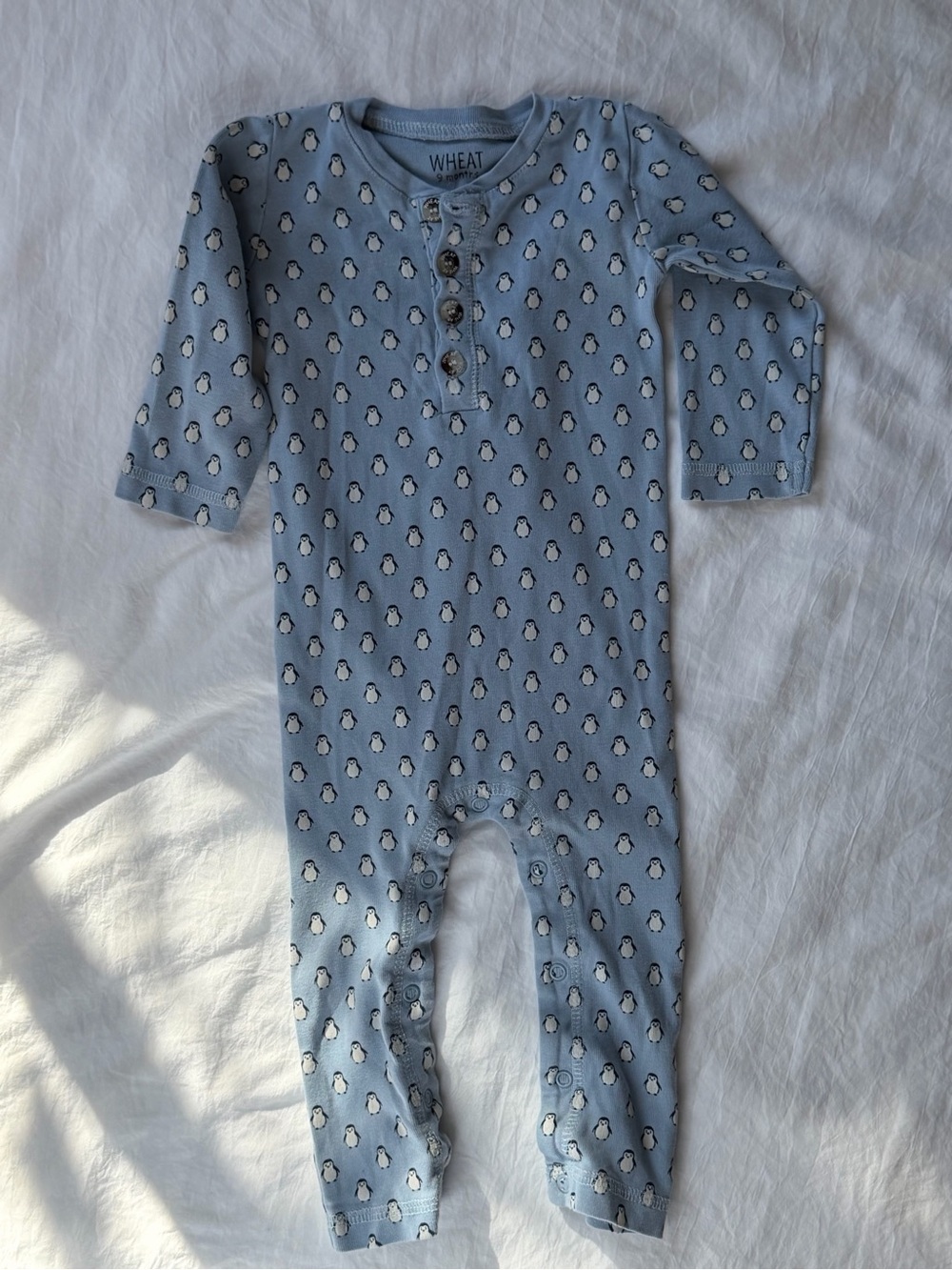 Wheat Baby 9M Blue Penguin Print Long Sleeve Romper One Piece Scandinavian